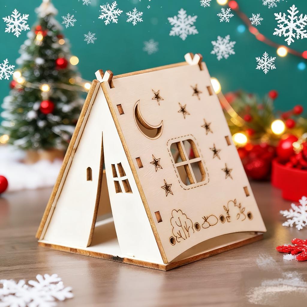 4pcs Christmas Decorative Wooden Triangular Tent Houses, for Holiday Decoration, Desktop Ornaments, Party Setups, Home Decor, and Holiday Gifts