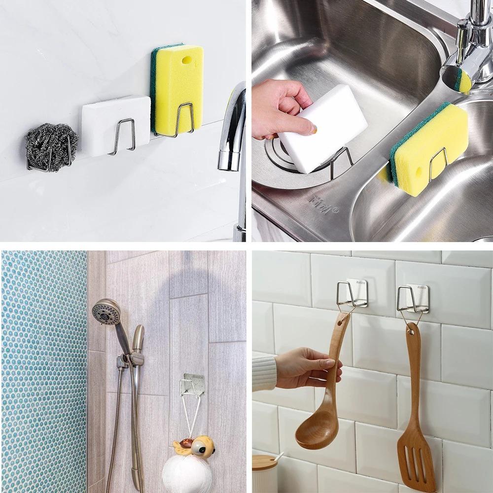 1-10pcs Kitchen Stainless Steel Sink Sponges Holder Self Adhesive Drain Drying Rack Shelf Household Wall Hooks Storage Organizer