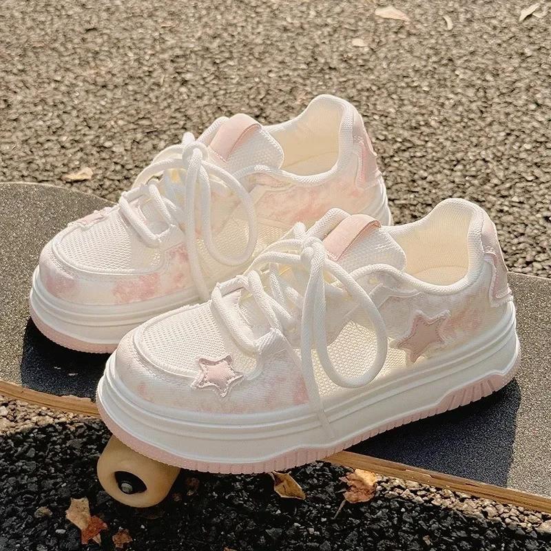 Spring Women Breathable Sneakers Cute Pink Star Shoes Thick Heel Sneakers Shoes Casual Running Platform Lolita Sports Shoes