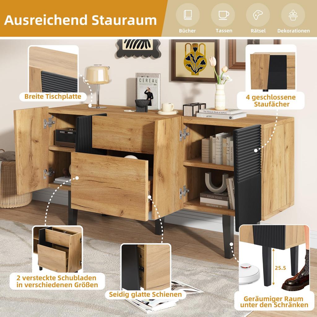Sideboard 2 Türen, 2 Schubladen, Moderne Kommode TV-Schrank Stauraum, Buffetschrank Anrichte Esszimmer, Wohnzimmer, Schlafzimmer, Eiche & Schwarz