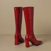 Fashion Red Patent Leather Knee High Boots 8cm High Heel Bar Stage Boots 35-42 Square Head Long Boots Autumn Winter Women Party Shoes