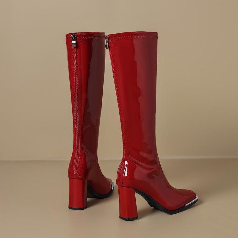 Fashion Red Patent Leather Knee High Boots 8cm High Heel Bar Stage Boots 35-42 Square Head Long Boots Autumn Winter Women Party Shoes
