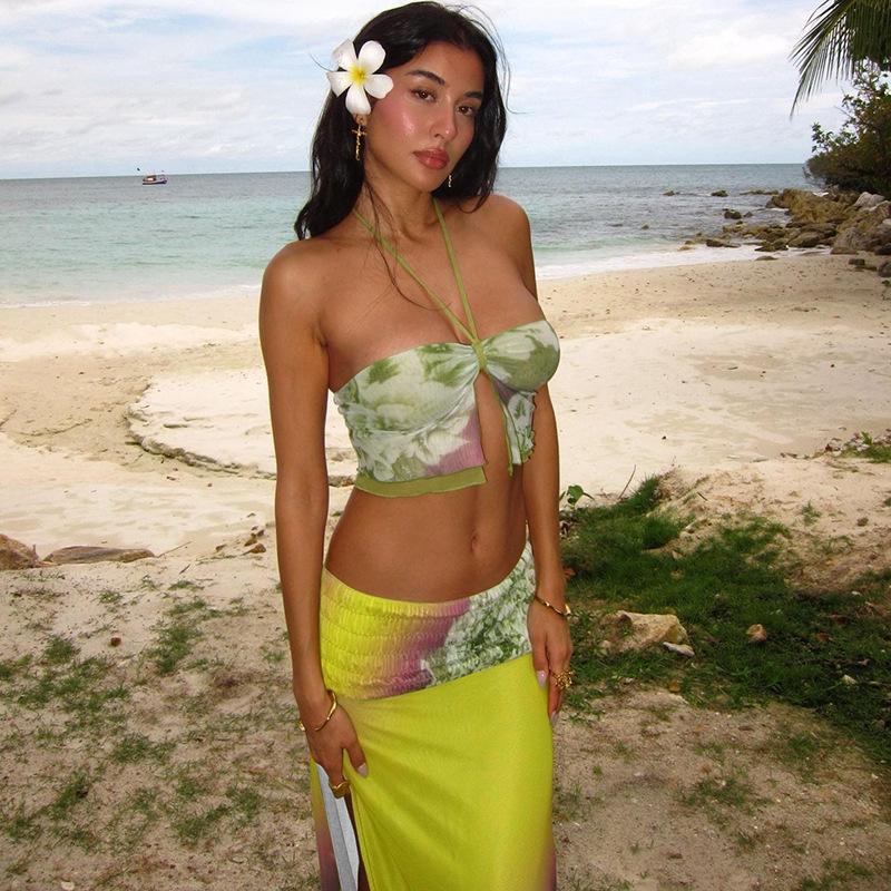 New Women's Clothing Personalized Mesh Printing Halter Neck Camisole Sexy Slit Skirt Suit