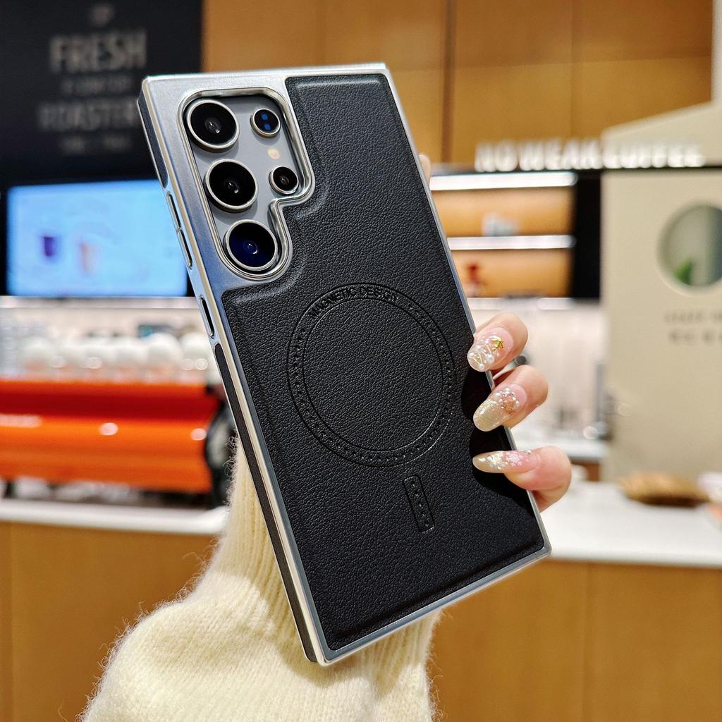 Samsung S25 Ultra Electroplated Leather Pattern Magnetic Suction Phone Case Samsung S24 Ultra Anti Fall and Anti Slip Skin Feeling Shell