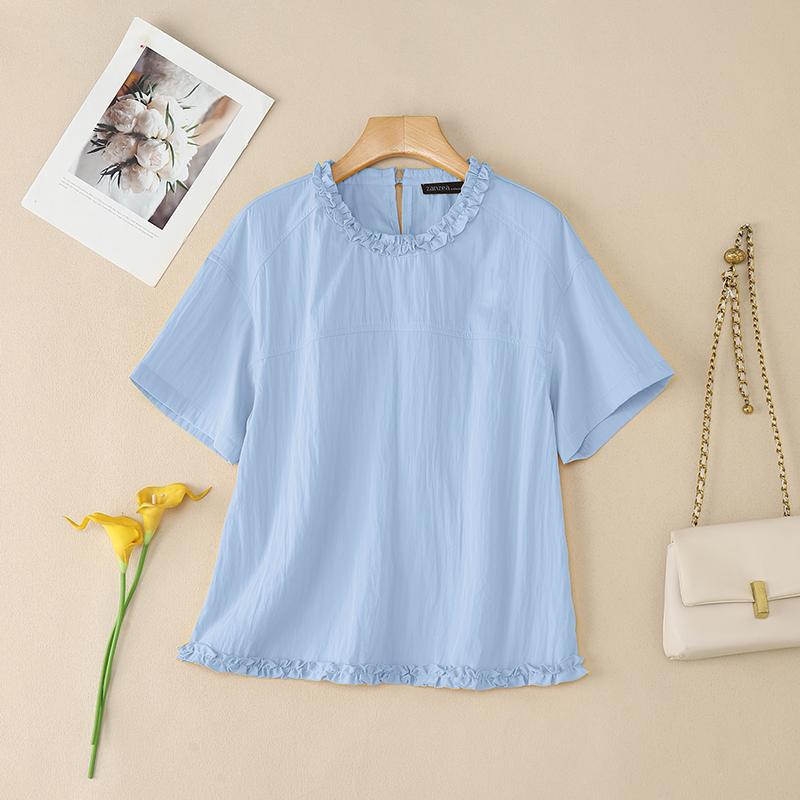 

ZANZEA Женская повседневная блузка с круглым вырезом, однотонная, летняя, с коротким рукавом L синий