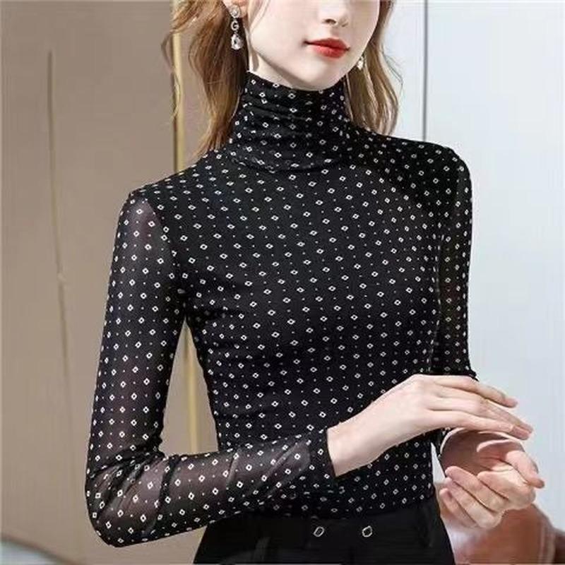 Autumn Turtleneck Bottoming Women's Inner Long-sleeved T-shirt Net Yarn Top
