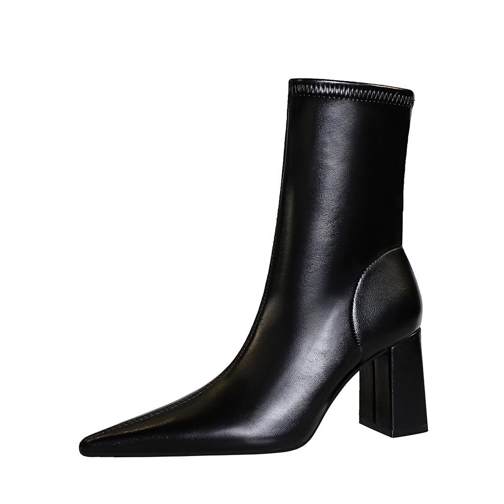 "European & American Style Sexy High Heel Pointed Winter Boots - Women's Slim Short Boots with Thick Heel"