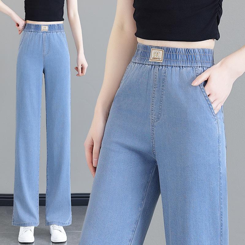 Women's High Waist Elastic Waist Wide Leg Jeans Straight Leg Pants Summer Thin Tencel Stretch Casual Denim Trousers