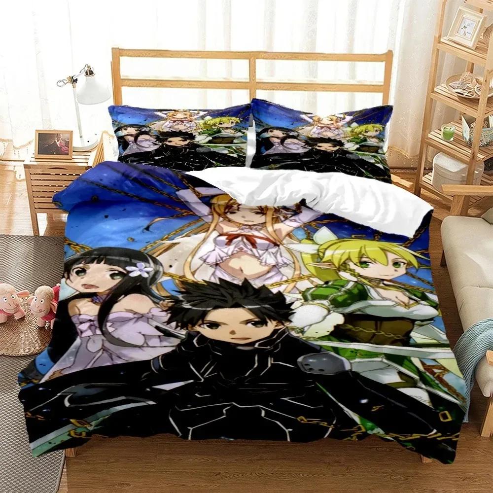 SAO Anime Art Print Three Piece Bedding Set Fashion Article Beds Quilt Covers Pillowcases Duvet Cover for Boys Adults