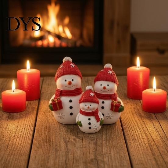 Snowman Family Statue Christmas Resin Figurine, Cute of 3 with Santa Holiday Atmosphere Decor Hat, Red Scarf, Tabletop Ornament for Indoor Mantel,