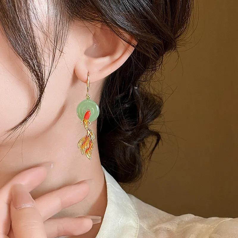 New Chinese style Ping An knot koi earrings, retro Chinese style temperament lucky fish tail long earrings