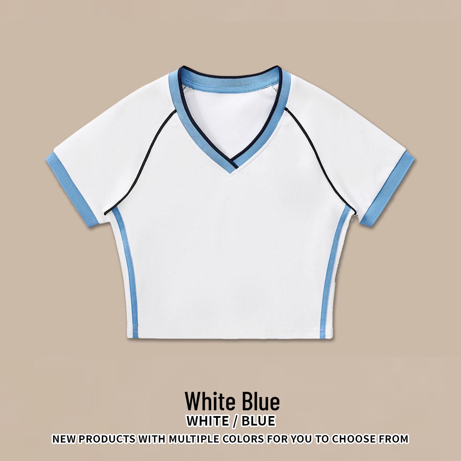 DE Women s V-Neck Color Block Patchwork Crop Top | Trendy Spicy Girl Short Sleeve T-shirt S синий/белый