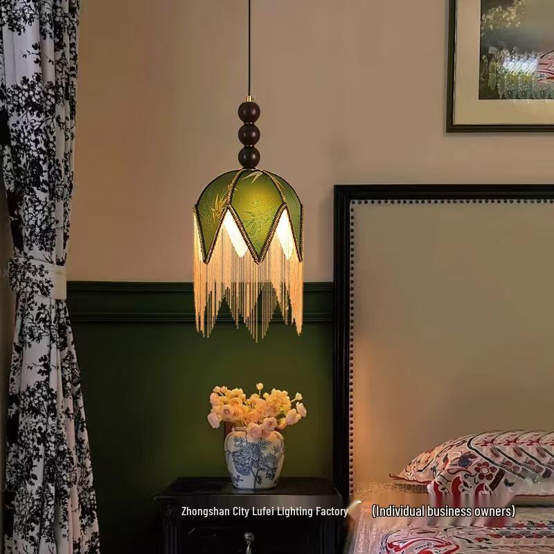 Mid-Century French Green Tassel Pendant Light for Bedroom or Bar