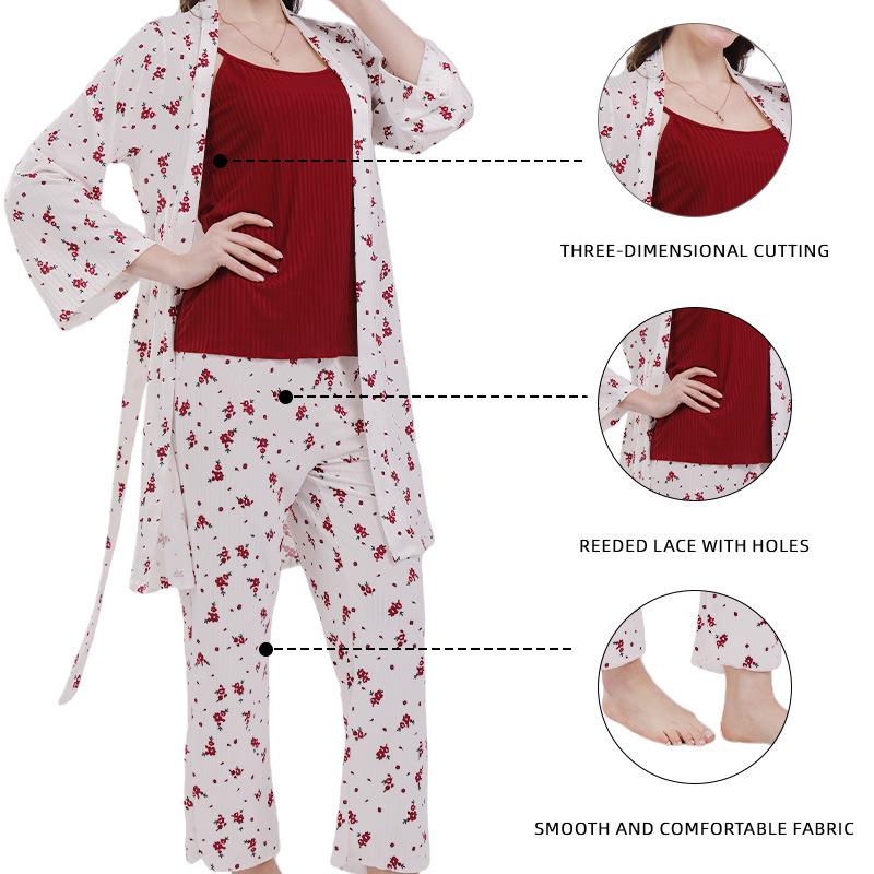 Summer 2026 Floral Women's Pajamas Three-Piece Set Long Sleeve – Wearable Outdoors, In Stock