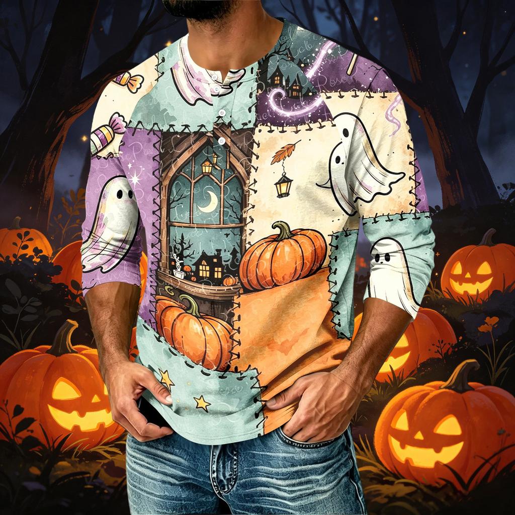 Men's Casual Shirt with Raglan Three-Quarter Sleeves - Halloween Print Top
