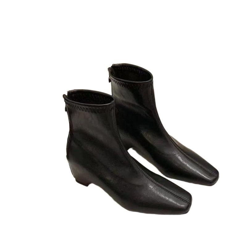 Height Increase 0CM~ New Square Head Elastic Thin Short Boots Women's Inner Height Increase After Zipper Thick Heel Boots Autumn and Winter Versatile