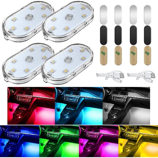 4 PCS Car LED Lights For Car Interior, 7 Colors Magnetic USB Wireless LED Lights With Bright LED Lamp Beads, Portable Touch Rechargeable LED Interior