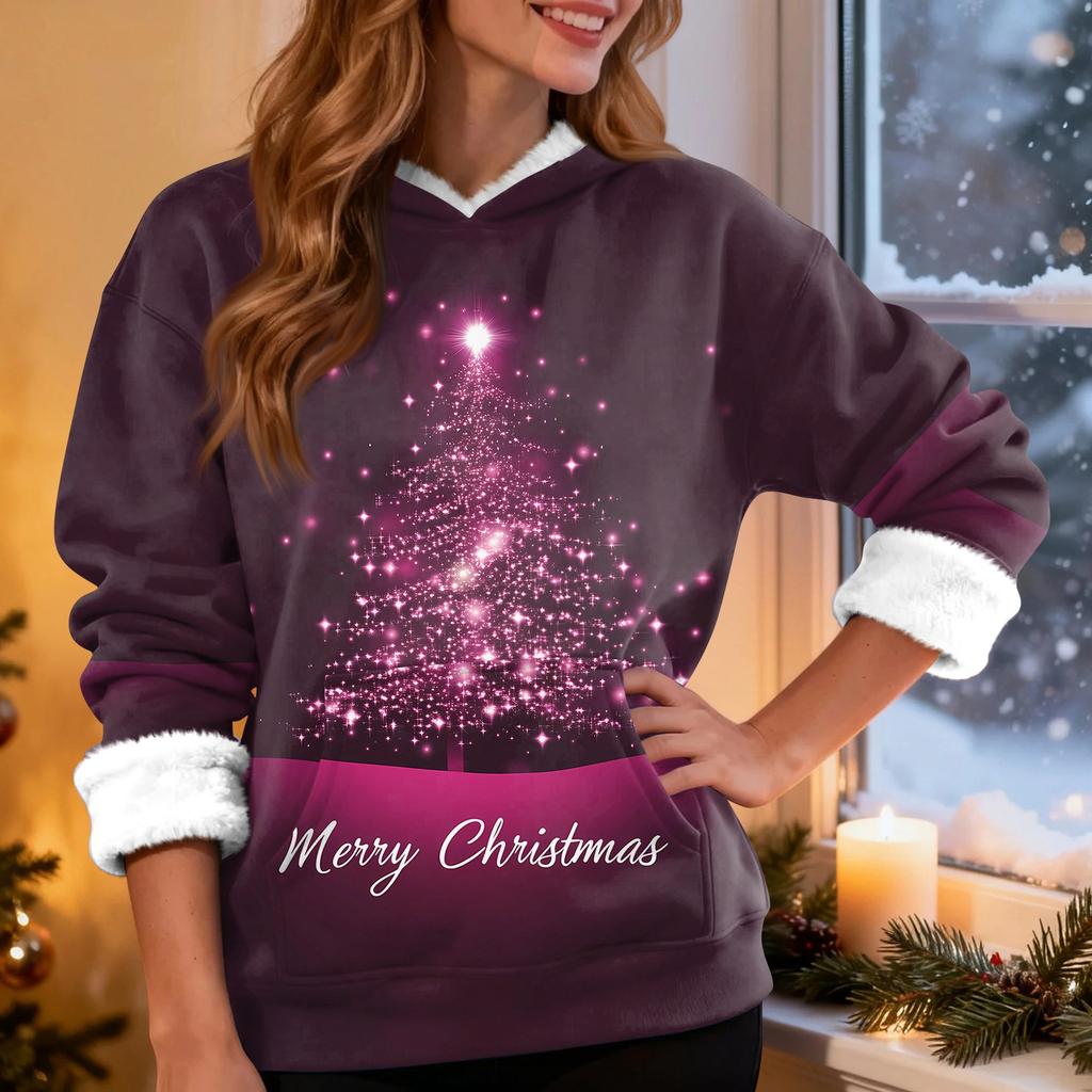 Women's Fashion Casual Long Sleeve Christmas Printed Hooded Sweatshirt