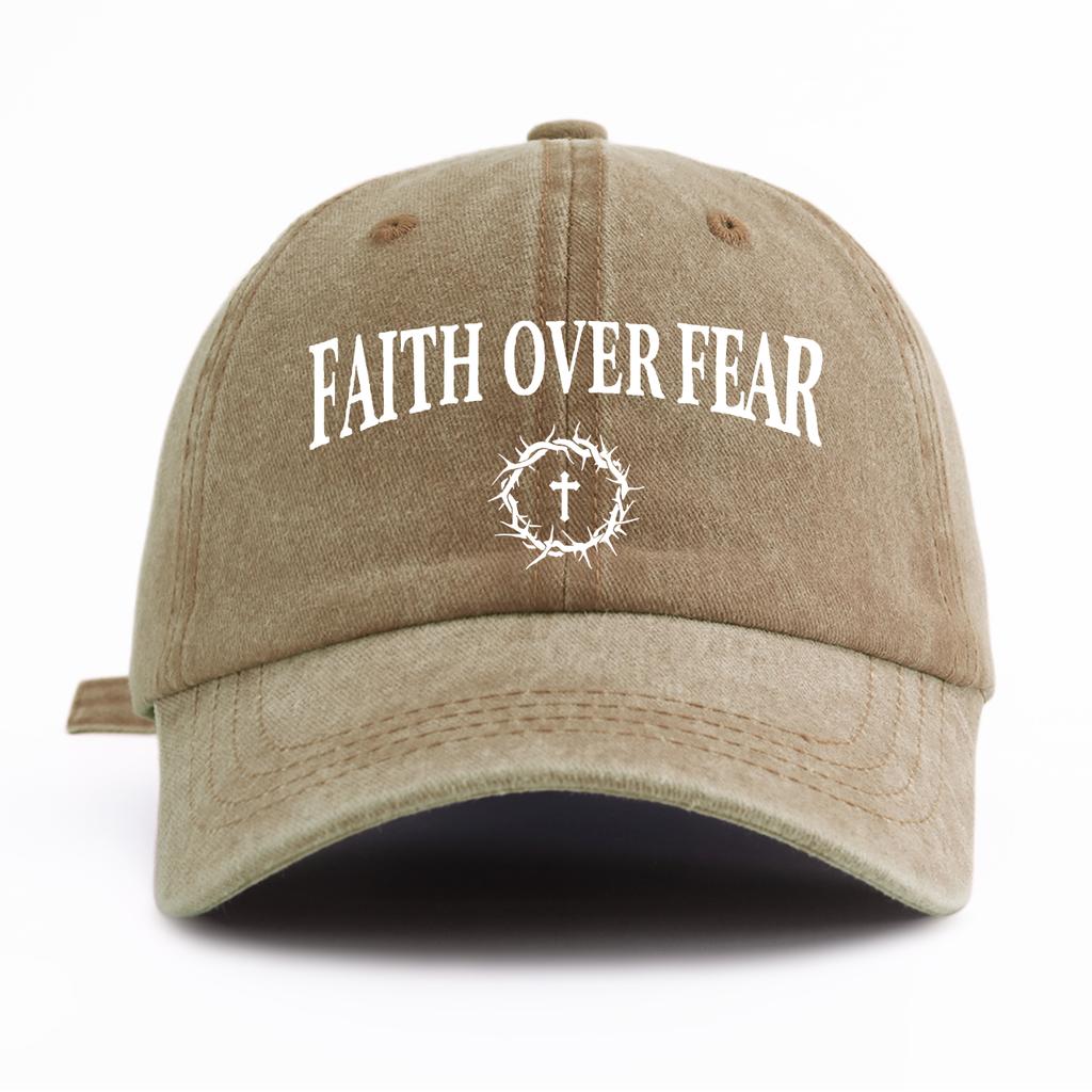 1pc FAITH OVER FEAR Print Washed Baseball Cap for Adults,Minimalist Retro Style Casual Soft Adjustable Dad Hat, Perfect As Gift