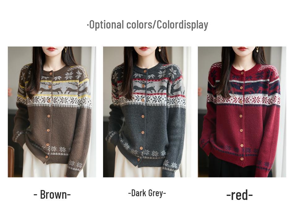 Women's Retro Maple Leaf Knit Cardigan - Thick, Three-Dimensional Jacquard, Autumn/Winter Loose Fit.