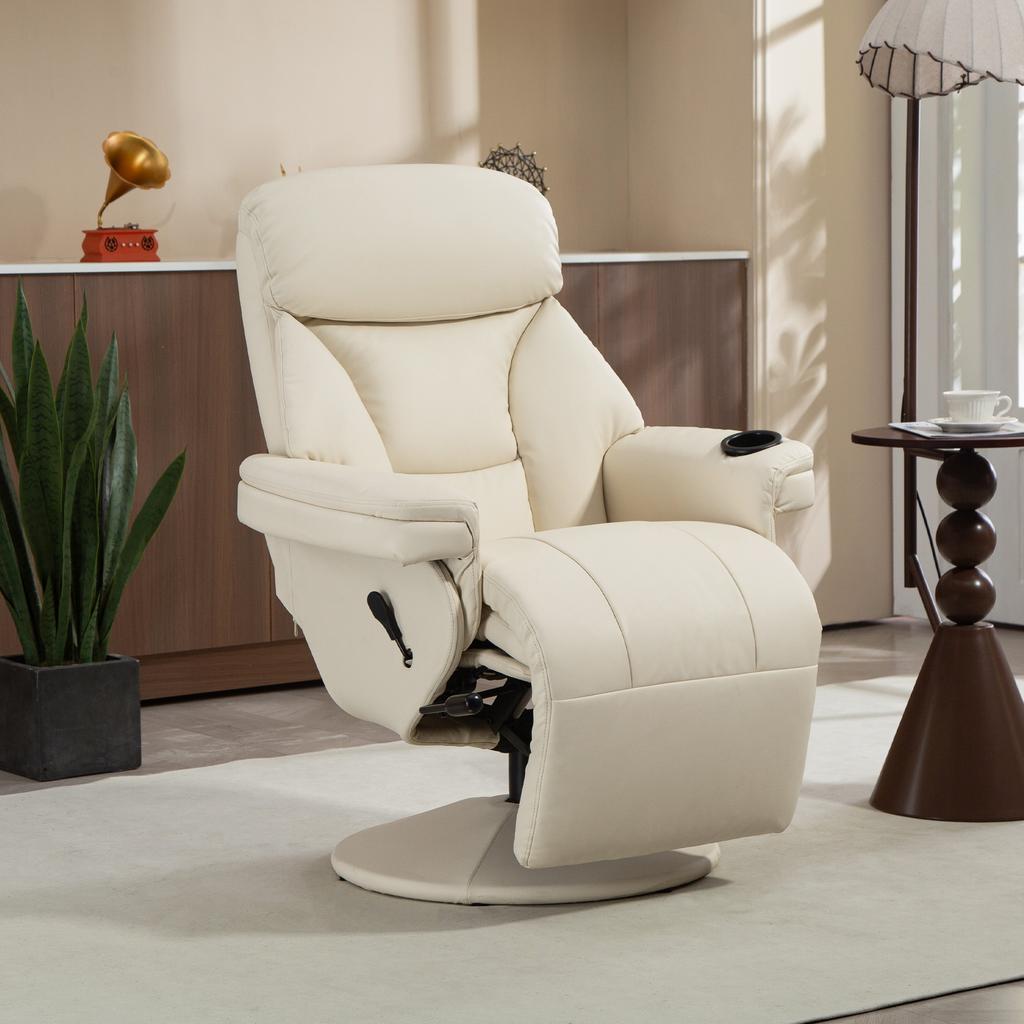 Manual Recliner Chair with Footrest, Upholstered Reclining Armchair with Adjustable Backrest and Cup Holder, PU Leather Swivel Chair for Living Room