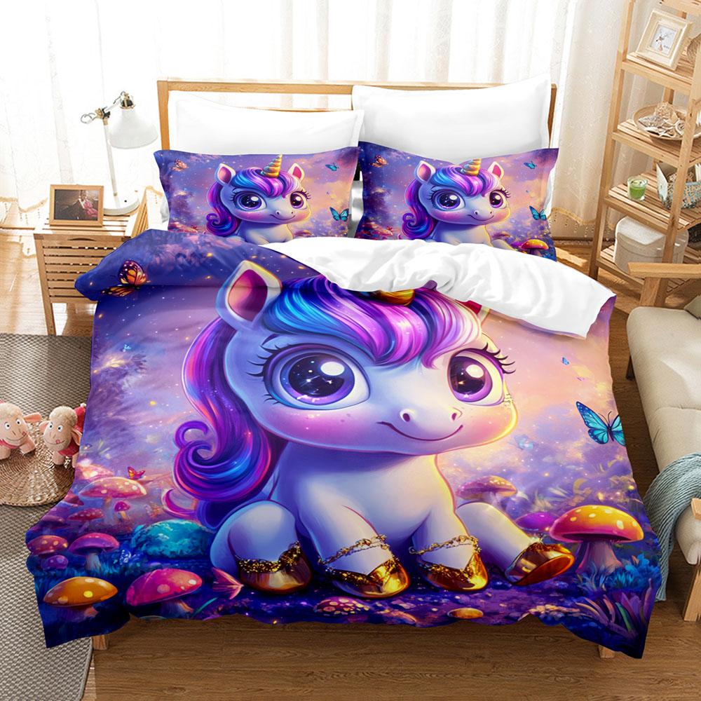 Cartoon Bedding Set Unicorn Rainbow 3D Printed Duvet Cover Set Soft Skin-Friendly Single Double King Size for Kids Birthday Gift
