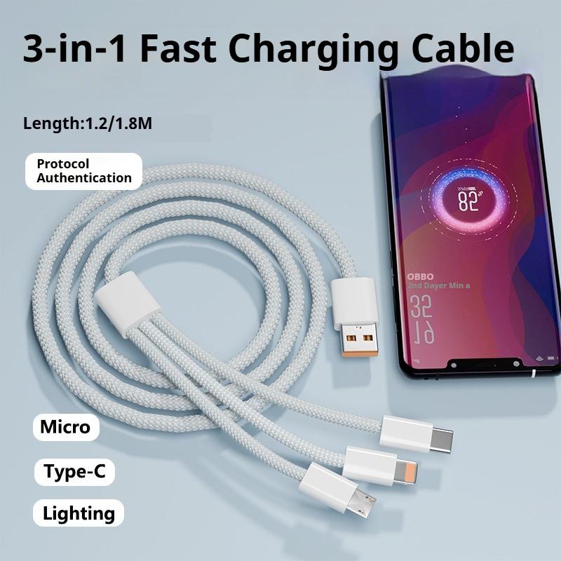 100W 3 In1 Multi Port Charging Cable For iPhone Android Phone Xiaomi Huawei Type C Braided Fast Charger Data Cord Wire Line 1PC