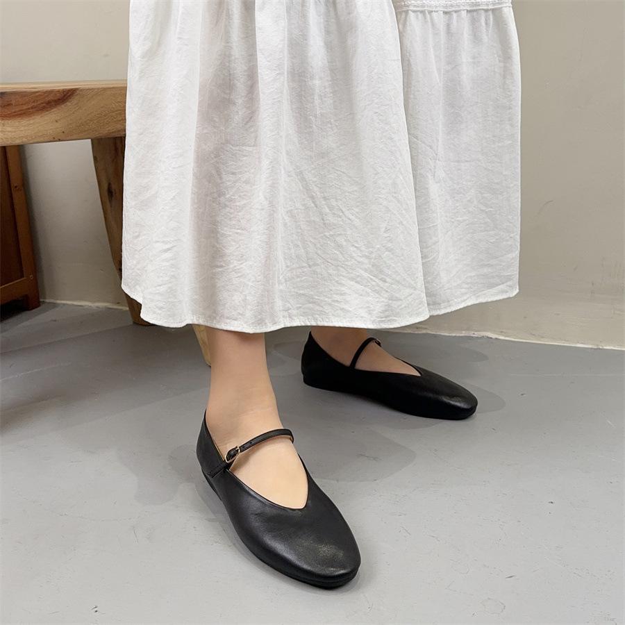 Johnature Genuine Leather Flats Women's Shoes Round Toe Casual Shallow Belt Buckle Soft Soled Shoes