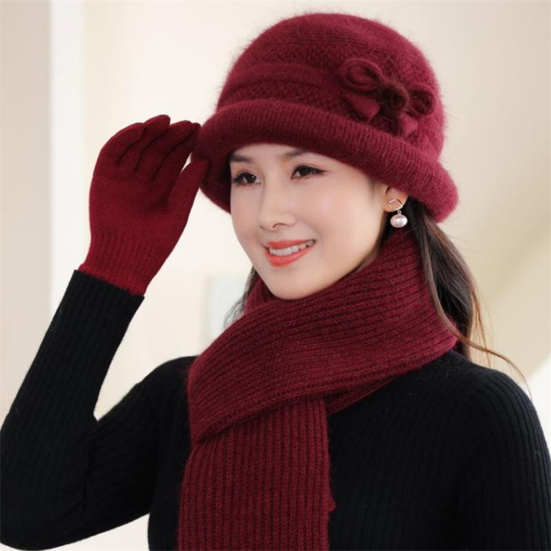 Fleece warm gestrickte Kaninchenfellmütze Damen Herbst und Winter kalte Handschuhe Schal Beanie Hut Trend bei älteren Menschen