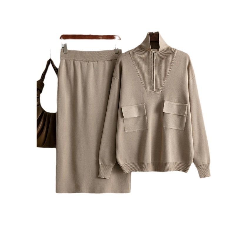 Autumn and Winter New Solid Color Lapel Half Zipper Knitted Top + Temperament Skirt Fashion Two-piece Trendy