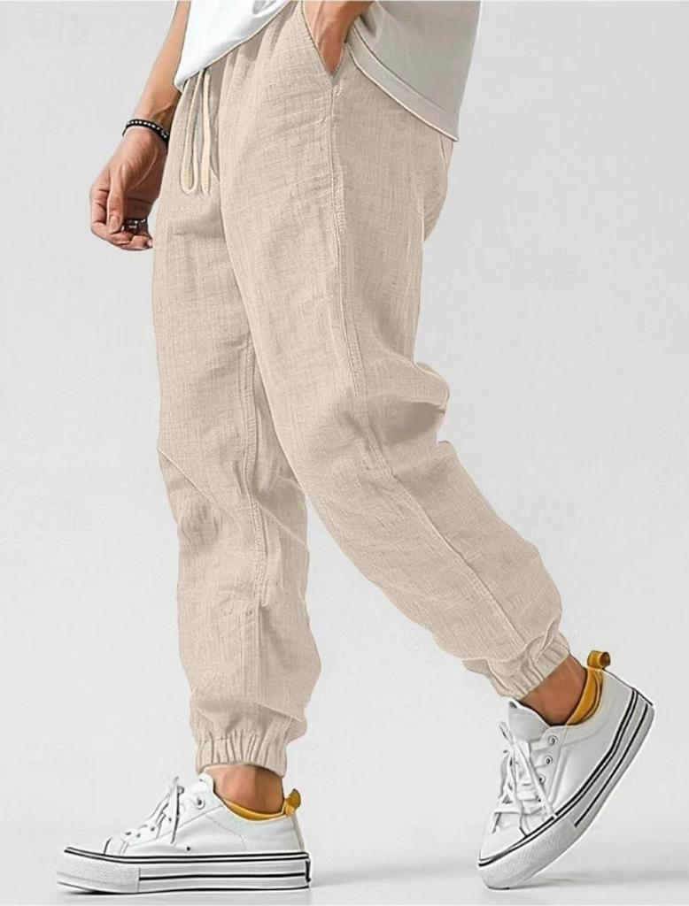 Men's linen pants summer breathable leggings beach straight pants solid color blended linen pants bundle legs