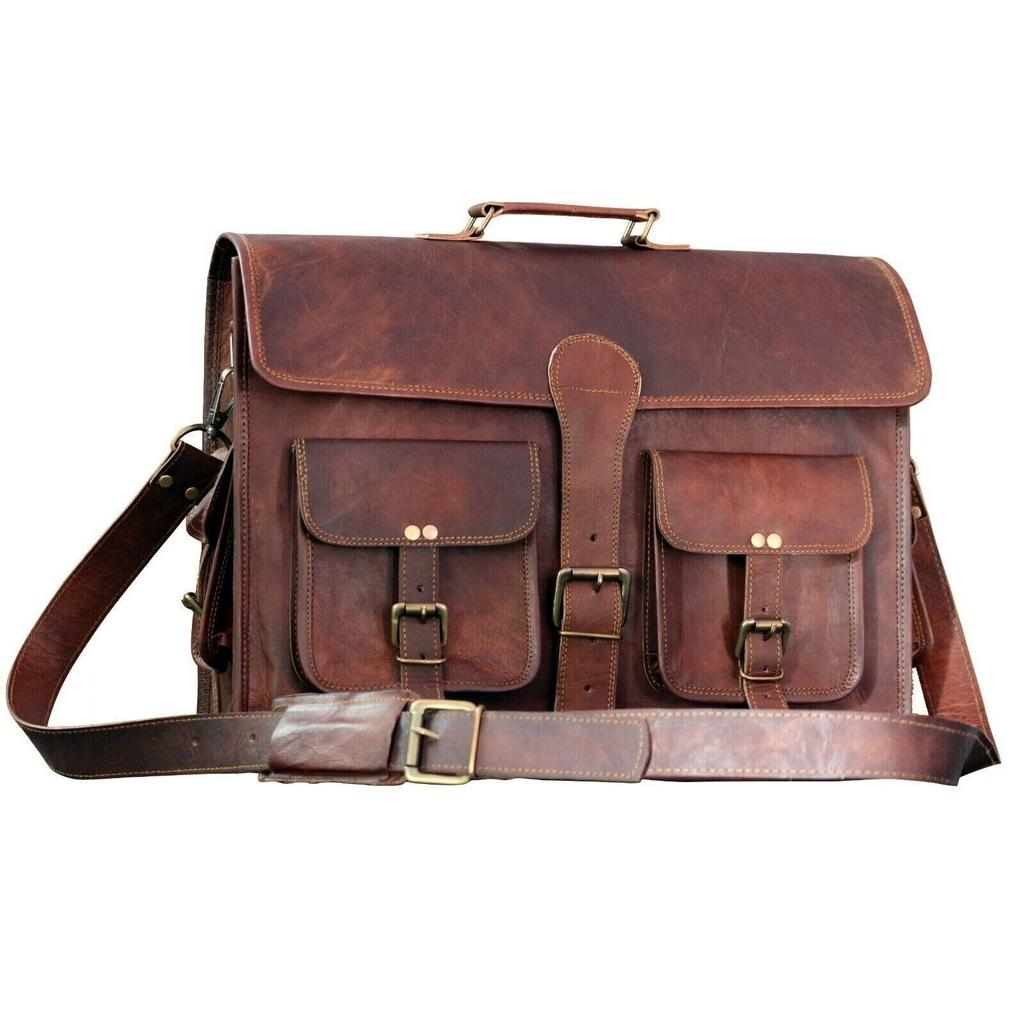 Men's Shoulder Messenger Laptop Briefcase Genuine Goat Leather Vintage Brown Bag