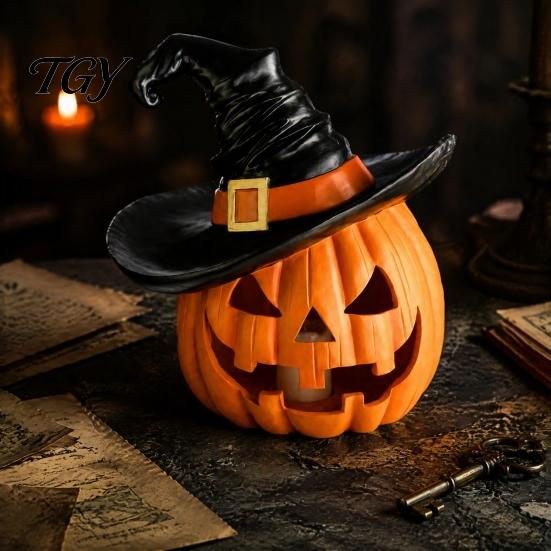 Beschwerte Vollharzfiguren Halloween Kürbis Ornament mit Hexenhut, Jack O Lantern Dekorative Lampe, Gruselige Skript Killing Requisiten Spooky