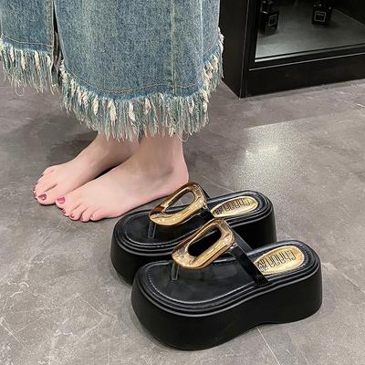Moda 7,5 cm Verão Mulheres Flip-Flops Chunky Beach Shoes 2024 Senhoras Salto Cunha Aberto Toe Chinelos Mulher Plataforma Slides Sandálias Externas