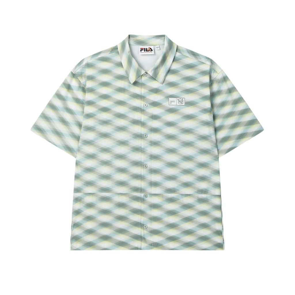Fila X MAISON KITSUNE Original Logo Fashion Print Loose Fit Woven Drop Shoulder Short Sleeve Shirt Men Shirts Light-Green F11M529404F-LG