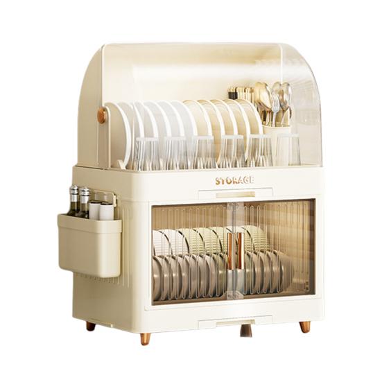 Stackable Tableware Storage Box Multi-Tier Dinnerware Organizer with Clear Lid Doors Hooks Dishes Plates Cups Storage Bins with Drainage Tray