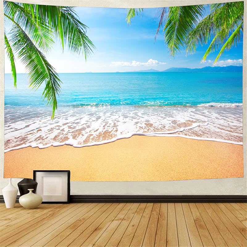 FENDROM Beach Decor Tapestry Ocean Sea Tropical Island Palm Tree Scenic View From Window Summer Tropical Scenery Wall Hanging Nature Tapestry For 59 L x 51 W