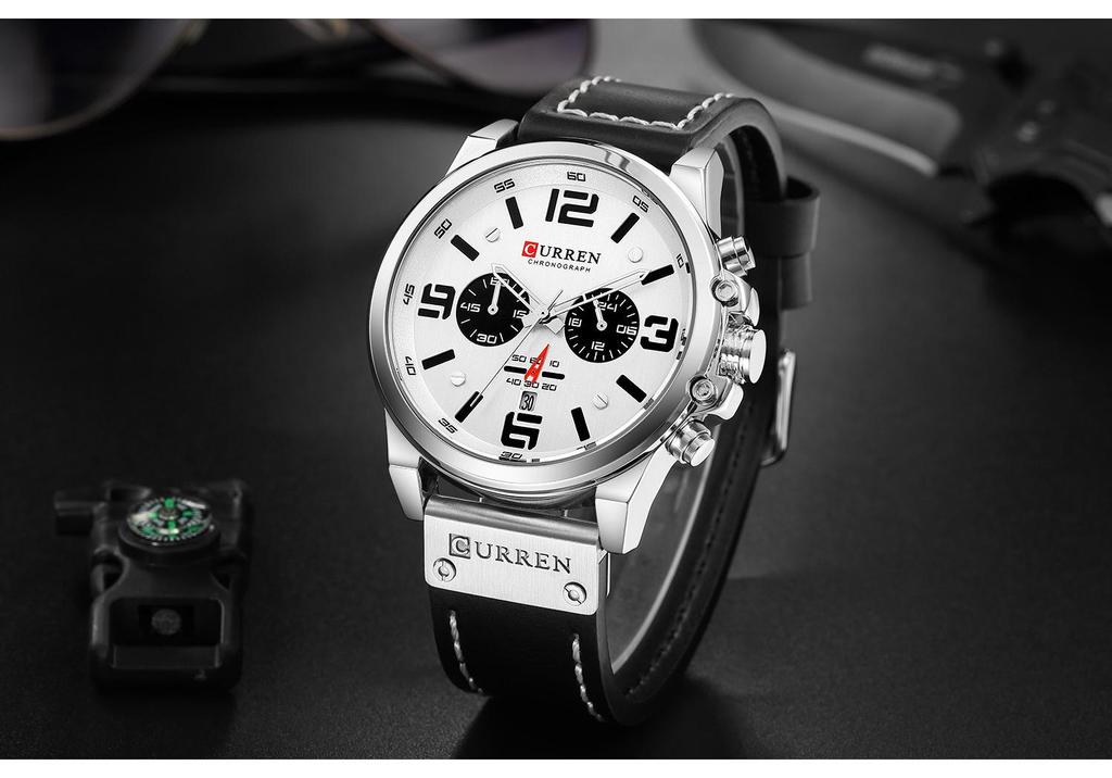 Curren 8314 Men's Multifunction Sports Watch with Six-Hand Calendar, Large Dial, and Leather Strap
