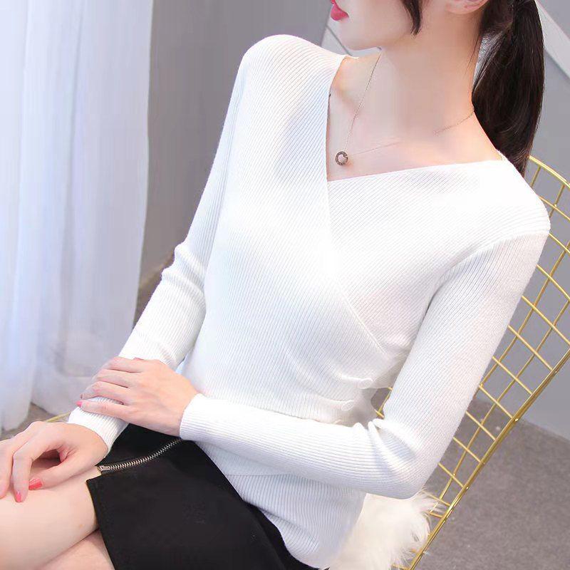 Korean Slim-Fit V-Neck Knit Sweater for Spring & Autumn - Women's Long-Sleeve Top