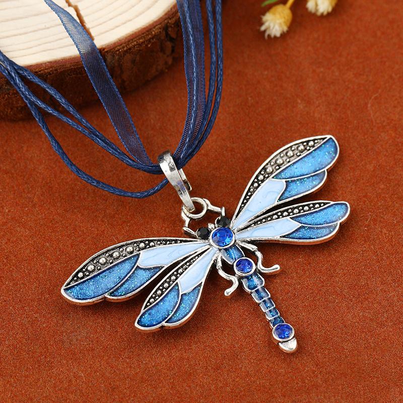 Fashion Crystal Dragonfly Pendant Necklaces For Women Vintage Insect Multi Layers Rope Necklace Jewelry Thanksgiving Gift