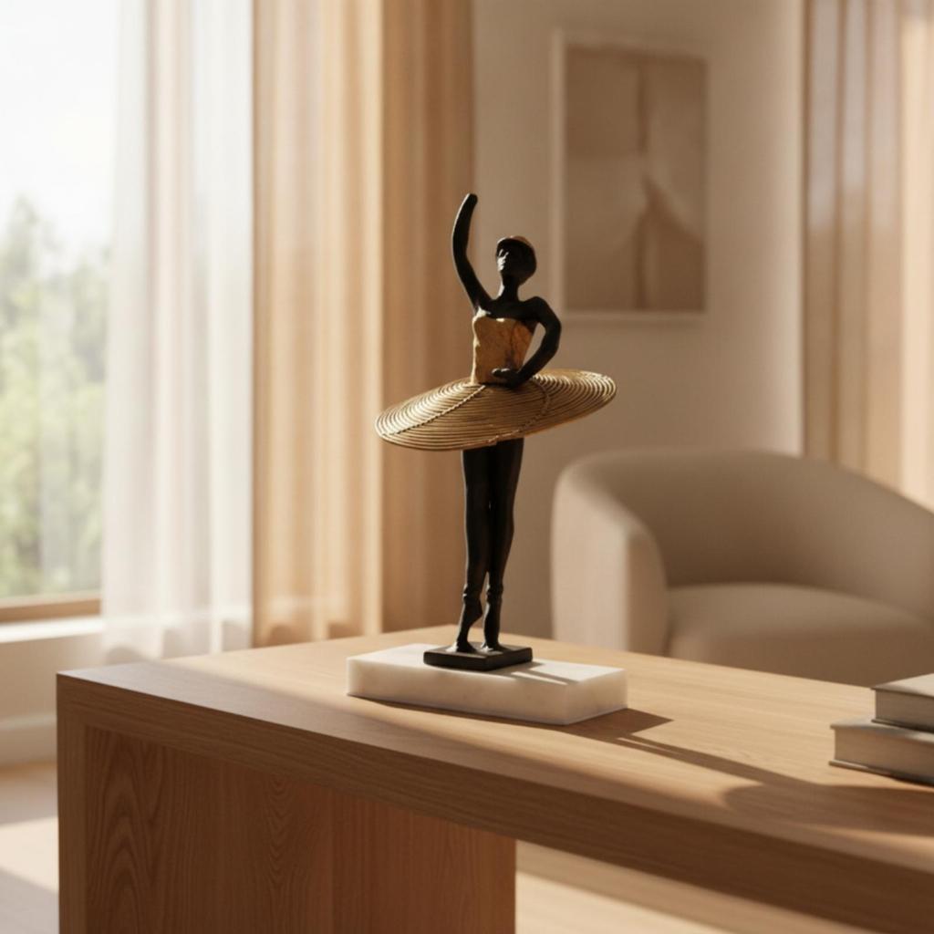 Metal Ballerina Statue with Rectangular Base Golden Dress for Bedroom