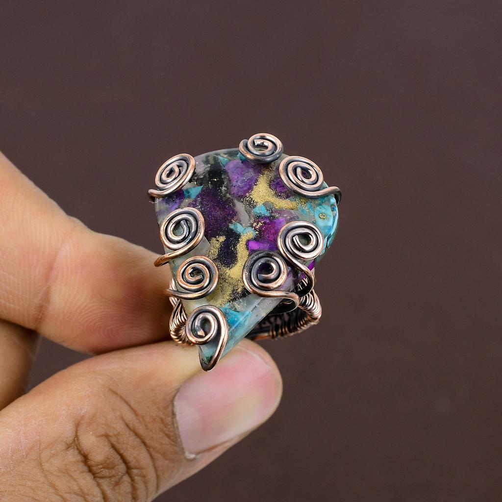 Natural Spiny Oyster Gemstone Handmade Copper Wire Wrap Ring Size 6.5 Q2z26