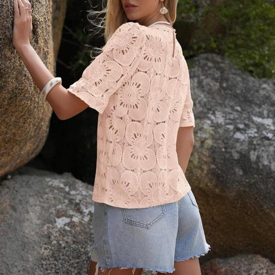 Yousheng Women Tops Round Neck Puff Short Sleeve Hollow Lace Pullover Tops Solid Color Loose Fit Summer T-shirt