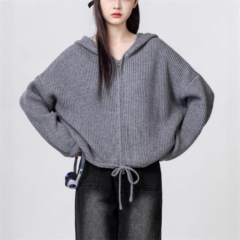 Hooded Sweater Jacket Women's Autumn and Winter New Lazy Style Loose Zipper Drawstring Short Knitted Cardigan Top