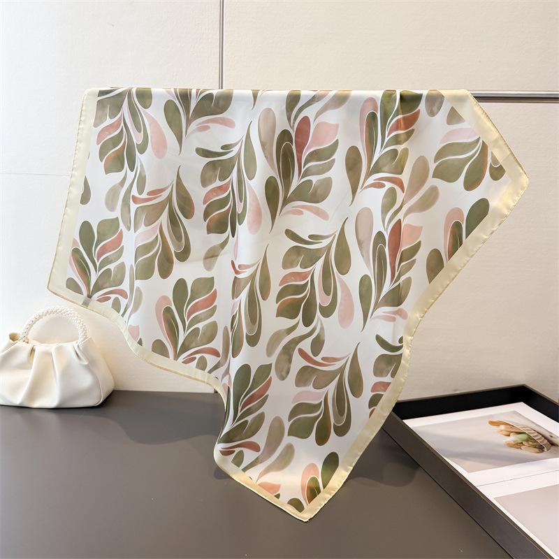 Soft Leaf Print Elegant High-end Silk Scarf Imitation Square Shawl Versatile Neck Small Women