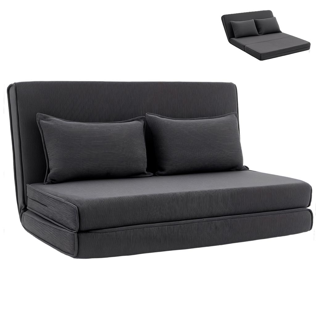 Folding Sofa Bed, 2-Seater Convertible Armchair, Corduroy, Adjustable Backrest, 2 Pillows, Grey