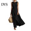 Simple Dress Women's Sleeveless Cotton Linen Dress, Casual Irregular Hem Crew Women Neck Long Summer Loose Beach Vacation Sundress Fit