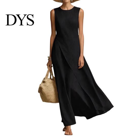 Simple Dress Women's Sleeveless Cotton Linen Dress, Casual Irregular Hem Crew Women Neck Long Summer Loose Beach Vacation Sundress Fit