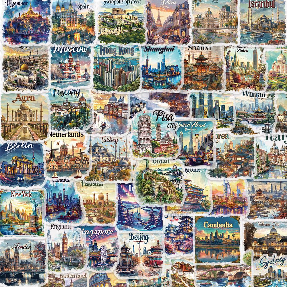 50pcs Famous City Stickers Travel Postcard DIY Gift Graffiti PET Decal for Phone Luggage Laptop Scrapbook Waterproof Sticker