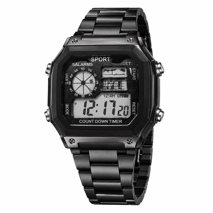 Square LED Digital Watch with Stainless Steel Case, Dual Display, Daily Water Resistance